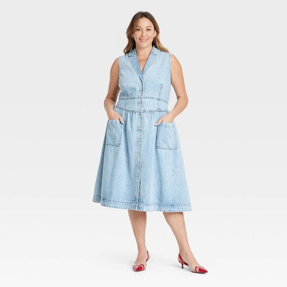 Ava & Viv - Women's Denim Midi A-Line Dress - Ava & Viv Light  Light Wash - Picture 1 of 3